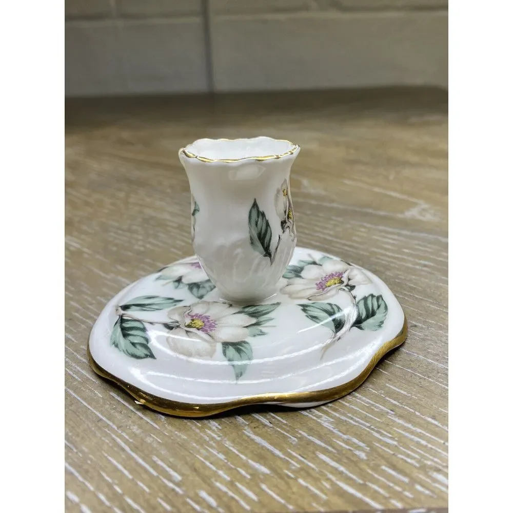 Staffordshire Candle Holder Bone‎ China White Flower Gold